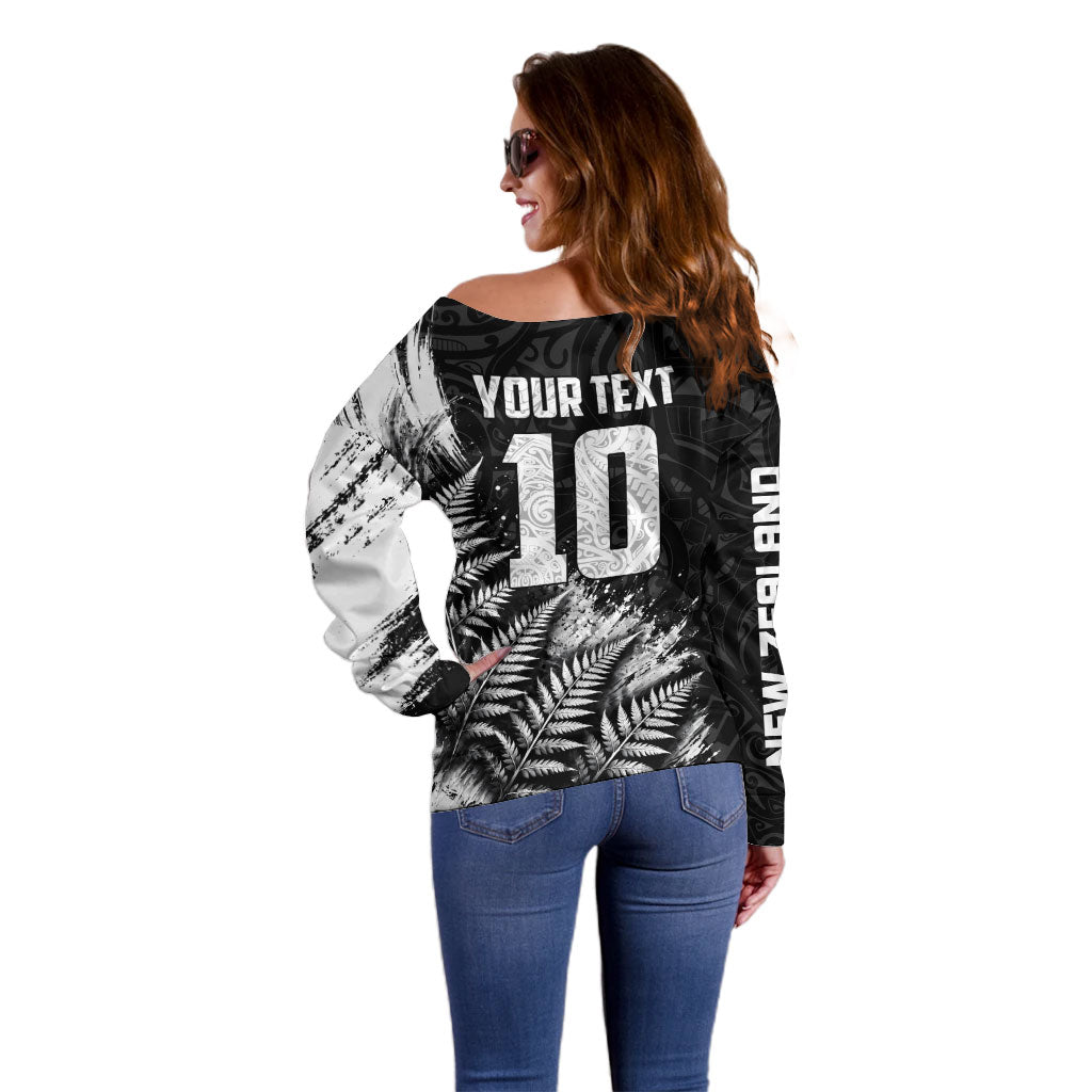 Personalized New Zealand Kiwi Bird Off Shoulder Sweater Grunge Maori Tribal Pattern Silver Fern