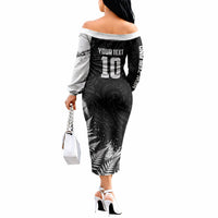 Personalized New Zealand Kiwi Bird Off The Shoulder Long Sleeve Dress Grunge Maori Tribal Pattern Silver Fern