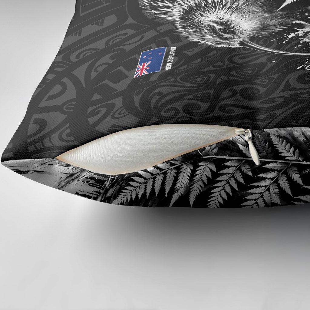 Personalized New Zealand Kiwi Bird Pillow Cover Grunge Maori Tribal Pattern Silver Fern