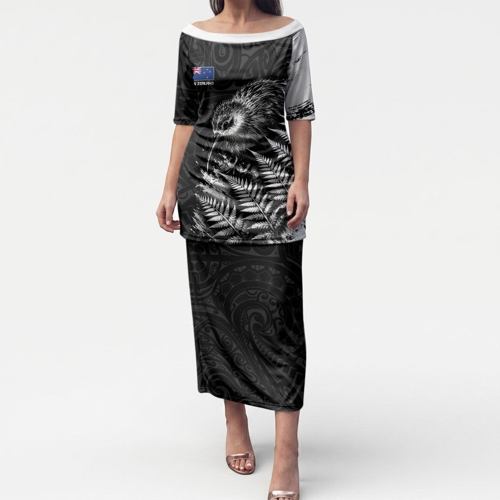 Personalized New Zealand Kiwi Bird Puletasi Grunge Maori Tribal Pattern Silver Fern