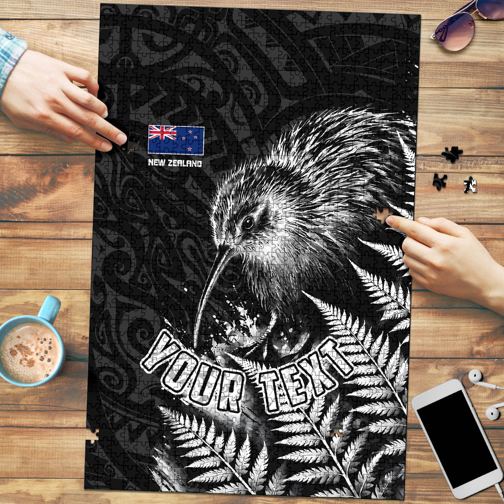 Personalized New Zealand Kiwi Bird Puzzle Grunge Maori Tribal Pattern Silver Fern