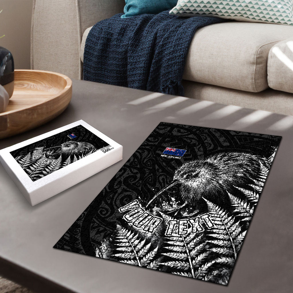 Personalized New Zealand Kiwi Bird Puzzle Grunge Maori Tribal Pattern Silver Fern