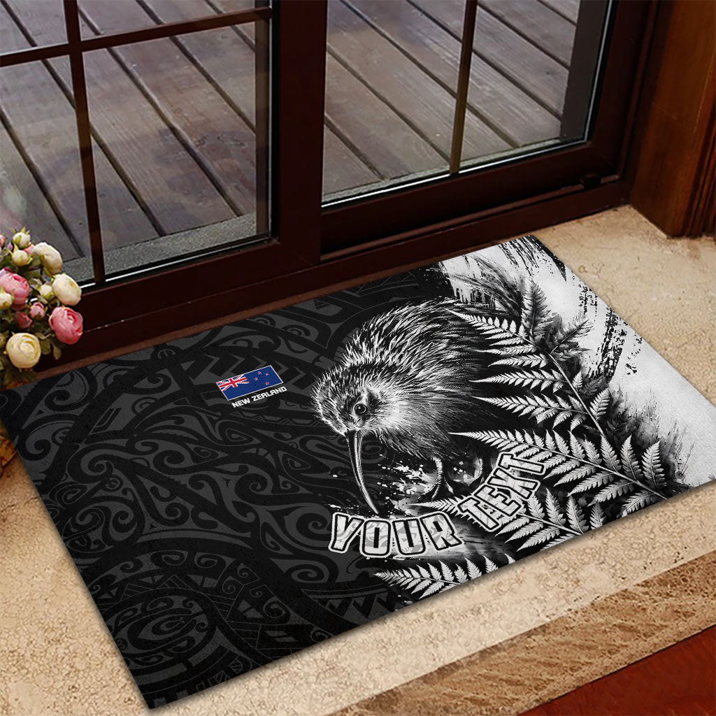 Personalized New Zealand Kiwi Bird Rubber Doormat Grunge Maori Tribal Pattern Silver Fern