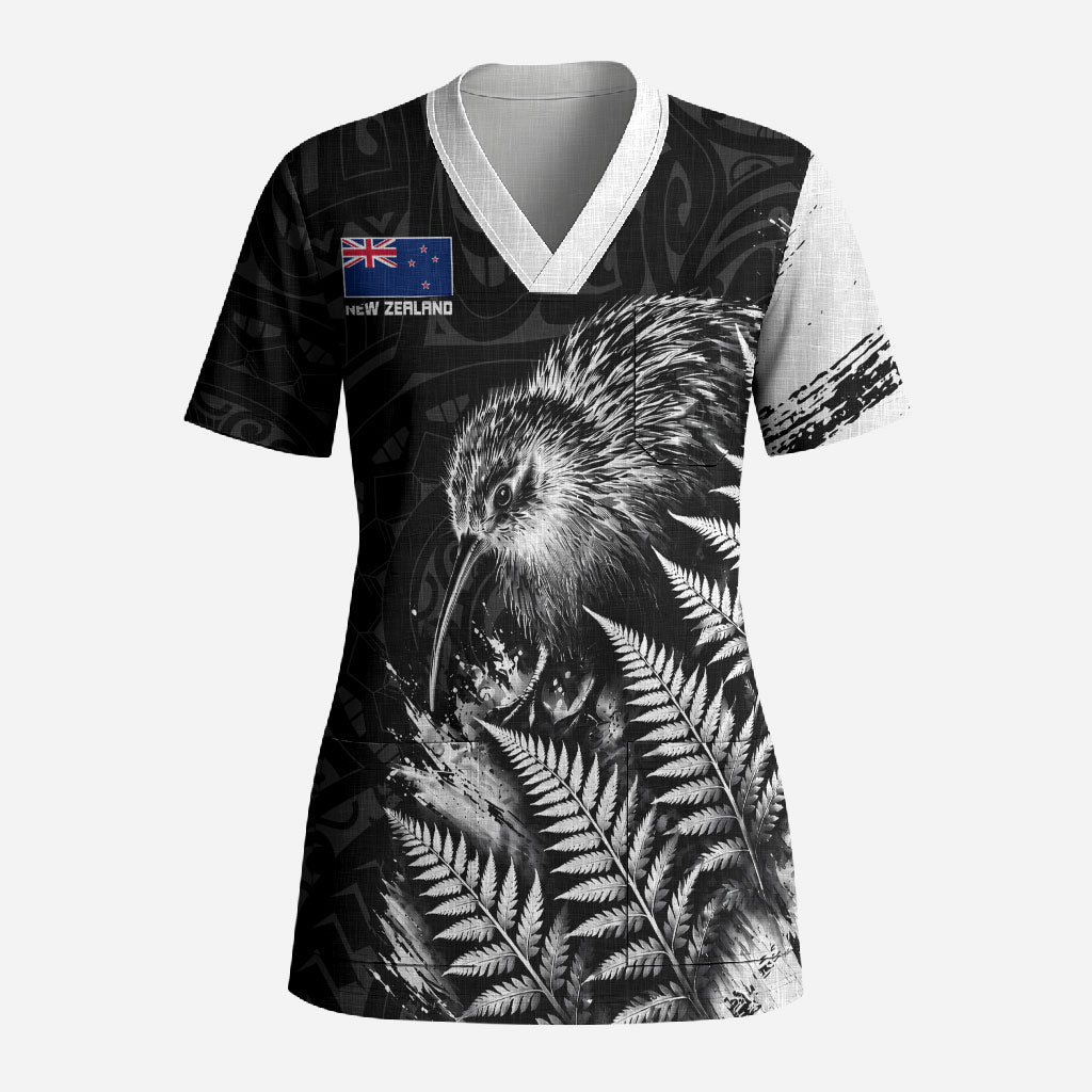 Personalized New Zealand Kiwi Bird Scrub Top Grunge Maori Tribal Pattern Silver Fern