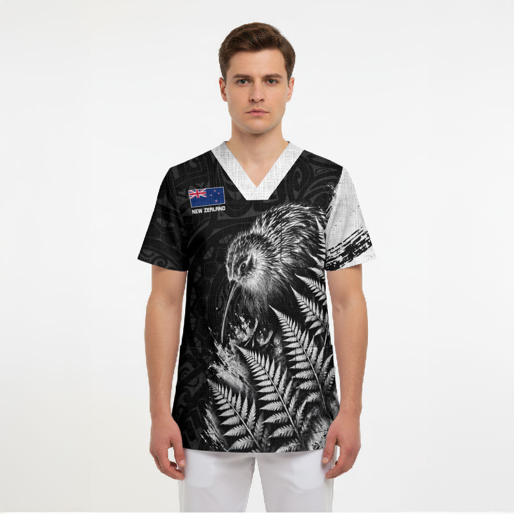 Personalized New Zealand Kiwi Bird Scrub Top Grunge Maori Tribal Pattern Silver Fern
