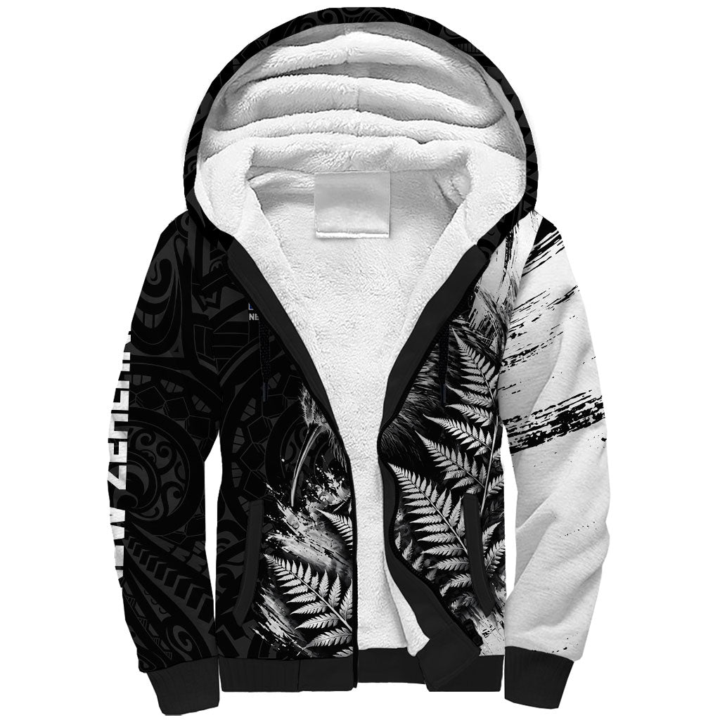 Personalized New Zealand Kiwi Bird Sherpa Hoodie Grunge Maori Tribal Pattern Silver Fern