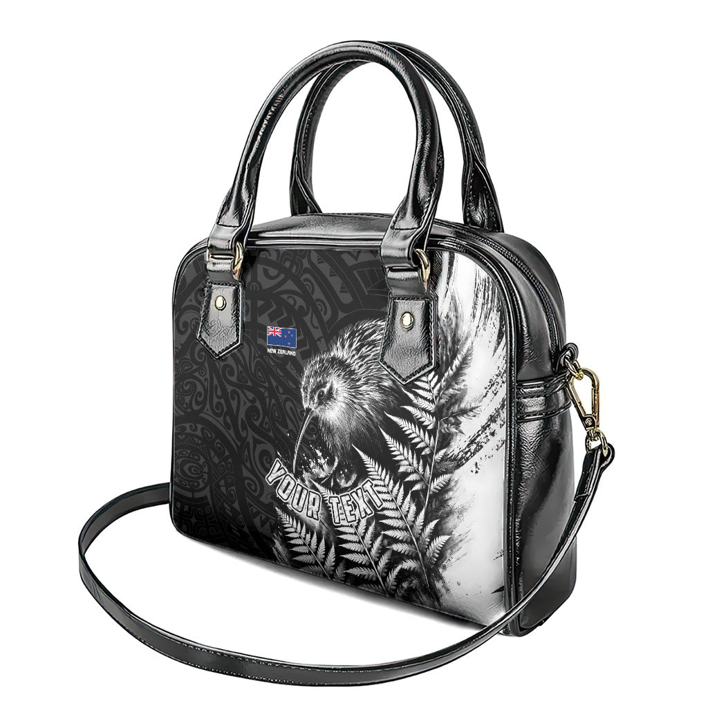 Personalized New Zealand Kiwi Bird Shoulder Handbag Grunge Maori Tribal Pattern Silver Fern