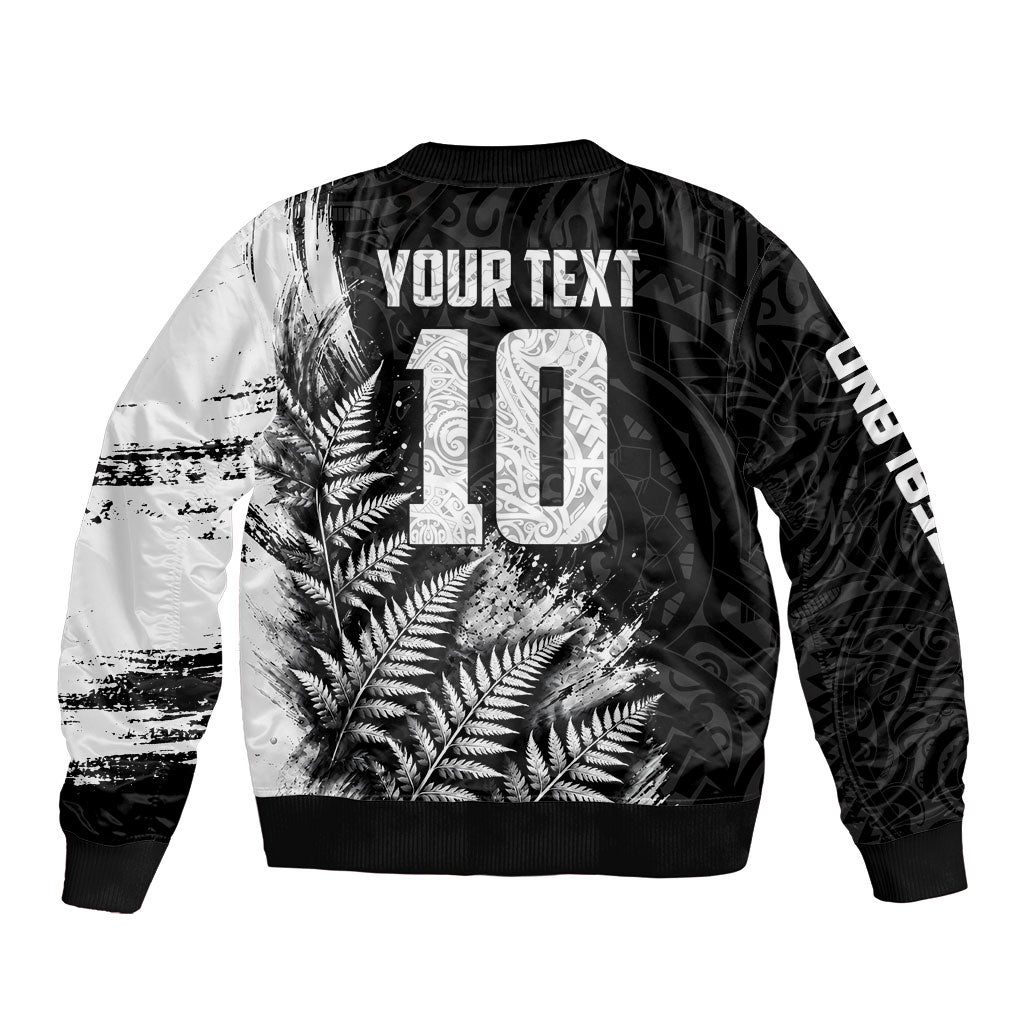 Personalized New Zealand Kiwi Bird Sleeve Zip Bomber Jacket Grunge Maori Tribal Pattern Silver Fern