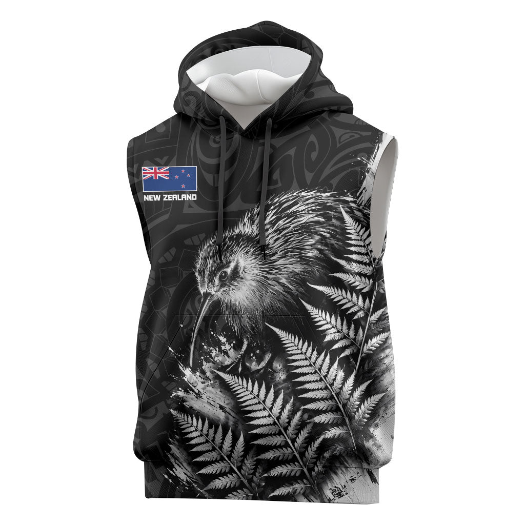Personalized New Zealand Kiwi Bird Sleeveless Hoodie Grunge Maori Tribal Pattern Silver Fern