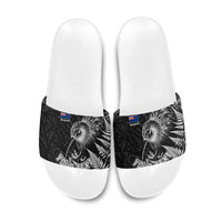 Personalized New Zealand Kiwi Bird Slide Sandals Grunge Maori Tribal Pattern Silver Fern