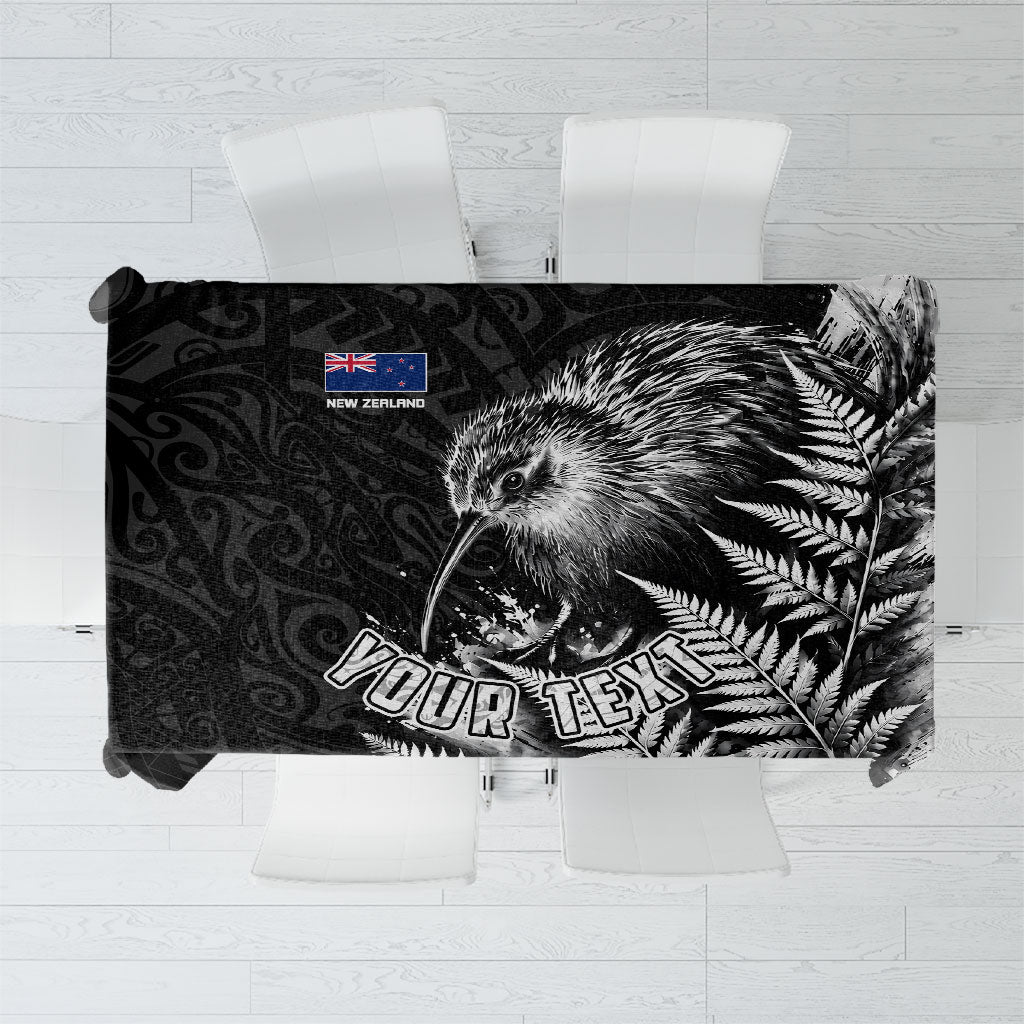Personalized New Zealand Kiwi Bird Tablecloth Grunge Maori Tribal Pattern Silver Fern TS04 Black White - Polynesian Pride