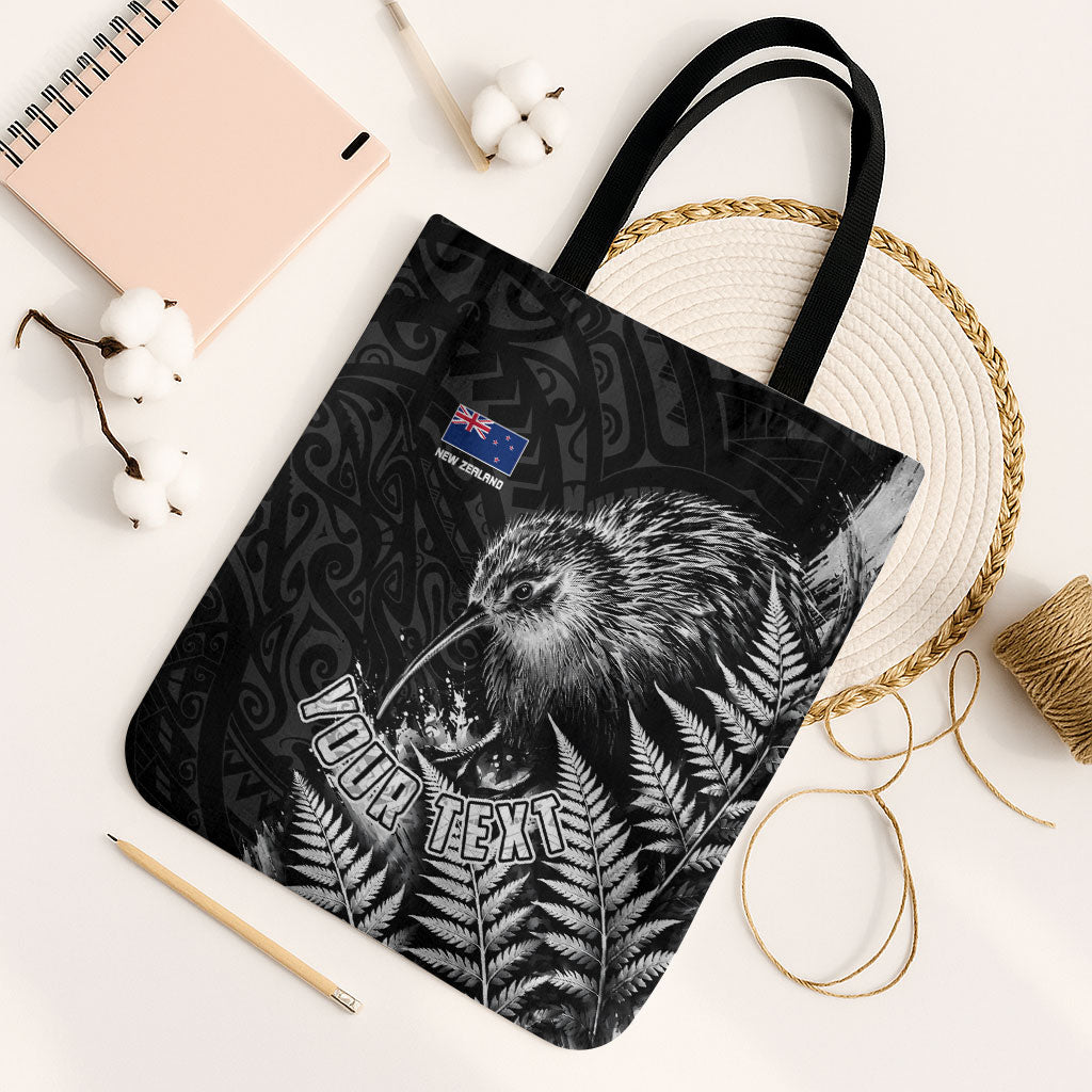Personalized New Zealand Kiwi Bird Tote Bag Grunge Maori Tribal Pattern Silver Fern