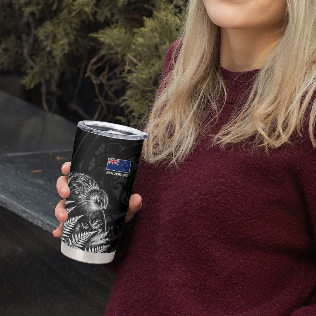 Personalized New Zealand Kiwi Bird Tumbler Cup Grunge Maori Tribal Pattern Silver Fern