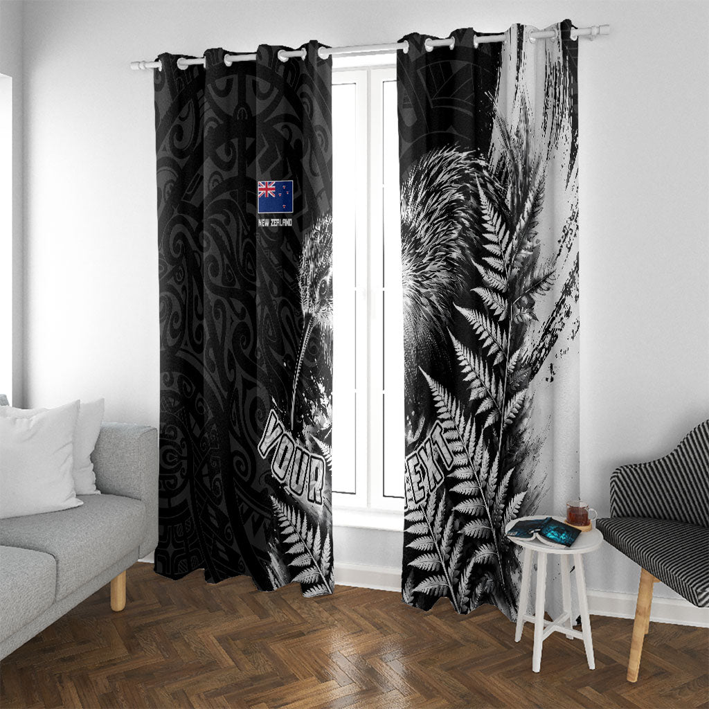 Personalized New Zealand Kiwi Bird Window Curtain Grunge Maori Tribal Pattern Silver Fern