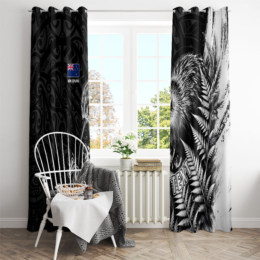 Personalized New Zealand Kiwi Bird Window Curtain Grunge Maori Tribal Pattern Silver Fern