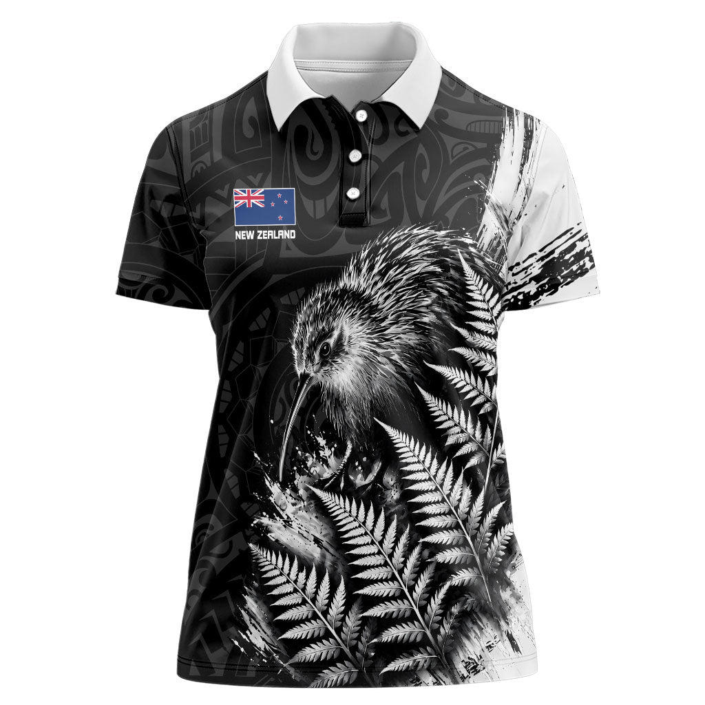 Personalized New Zealand Kiwi Bird Women Polo Shirt Grunge Maori Tribal Pattern Silver Fern