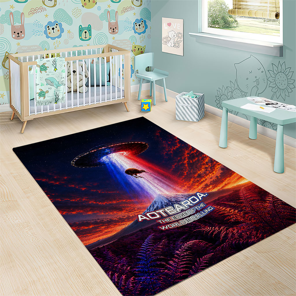 New Zealand Aotearoa Kiwi UFO Area Rug Sci-Fi Galaxy Sunset Sky Tower And Mountain