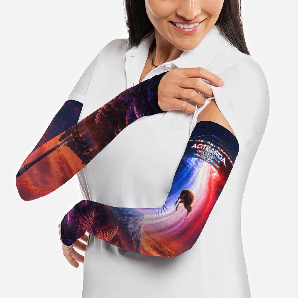 New Zealand Aotearoa Kiwi UFO Arm Sleeves Sci-Fi Galaxy Sunset Sky Tower And Mountain