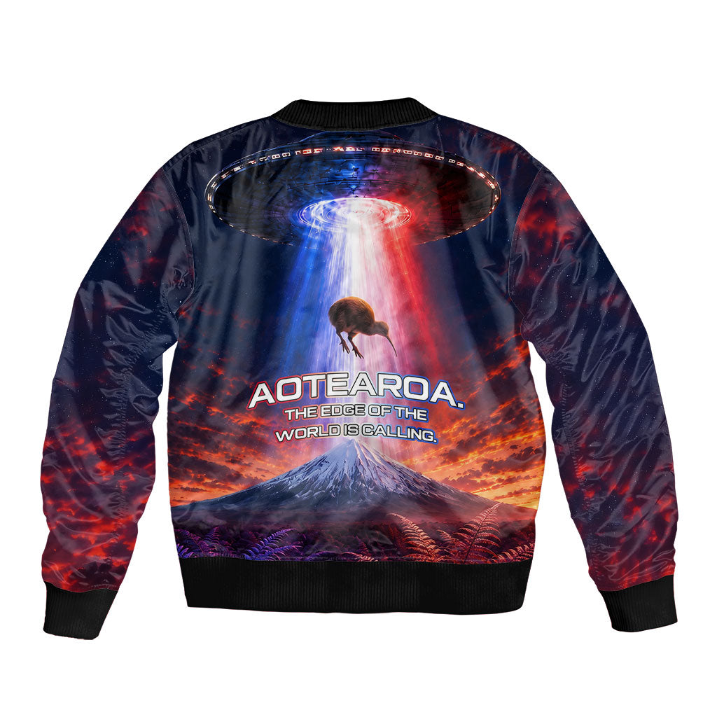 New Zealand Aotearoa Kiwi UFO Bomber Jacket Sci-Fi Galaxy Sunset Sky Tower And Mountain