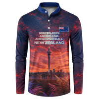 New Zealand Aotearoa Kiwi UFO Button Sweatshirt Sci-Fi Galaxy Sunset Sky Tower And Mountain