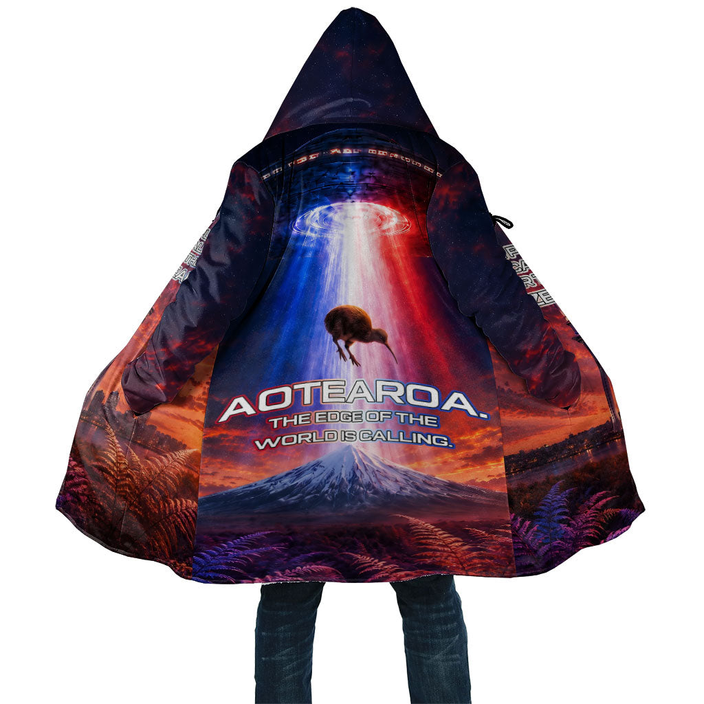 New Zealand Aotearoa Kiwi UFO Cloak Sci-Fi Galaxy Sunset Sky Tower And Mountain