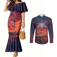 New Zealand Aotearoa Kiwi UFO Couples Matching Mermaid Dress and Long Sleeve Button Shirt Sci-Fi Galaxy Sunset Sky Tower And Mountain