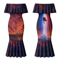 New Zealand Aotearoa Kiwi UFO Couples Matching Mermaid Dress and Long Sleeve Button Shirt Sci-Fi Galaxy Sunset Sky Tower And Mountain