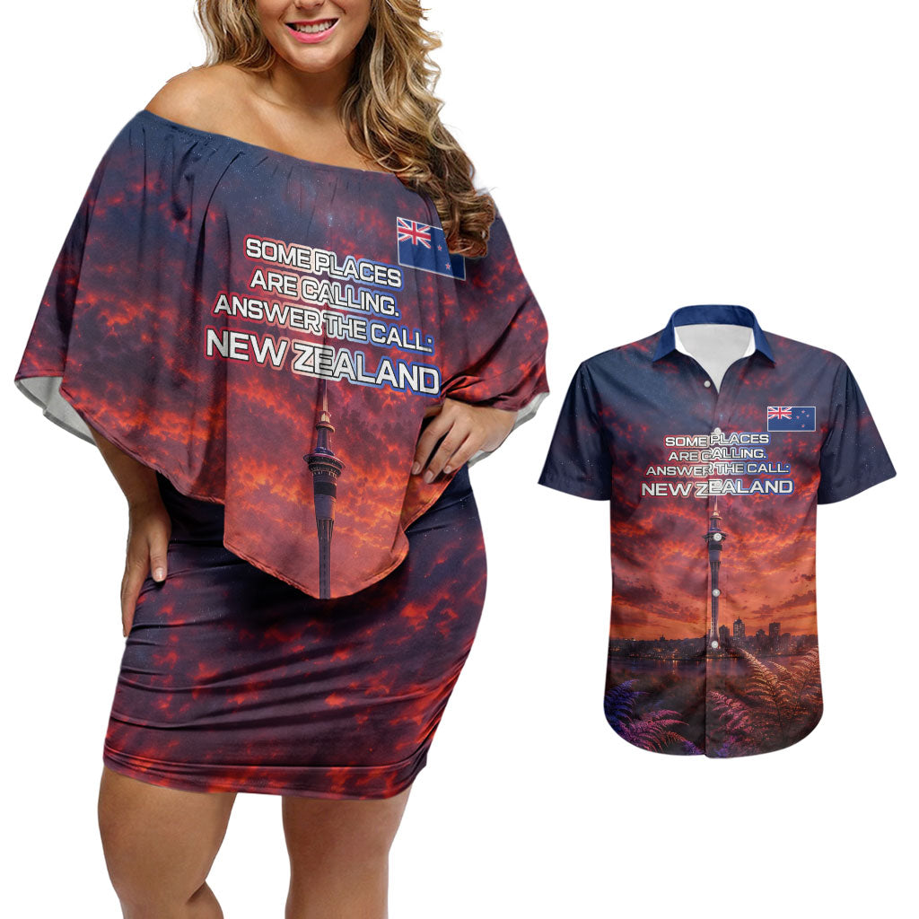 New Zealand Aotearoa Kiwi UFO Couples Matching Off Shoulder Short Dress and Hawaiian Shirt Sci-Fi Galaxy Sunset Sky Tower And Mountain TS04 Blue Red - Polynesian Pride