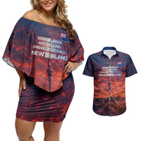 New Zealand Aotearoa Kiwi UFO Couples Matching Off Shoulder Short Dress and Hawaiian Shirt Sci-Fi Galaxy Sunset Sky Tower And Mountain