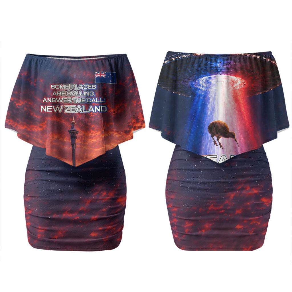 New Zealand Aotearoa Kiwi UFO Couples Matching Off Shoulder Short Dress and Hawaiian Shirt Sci-Fi Galaxy Sunset Sky Tower And Mountain