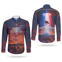 New Zealand Aotearoa Kiwi UFO Couples Matching Off Shoulder Short Dress and Long Sleeve Button Shirt Sci-Fi Galaxy Sunset Sky Tower And Mountain