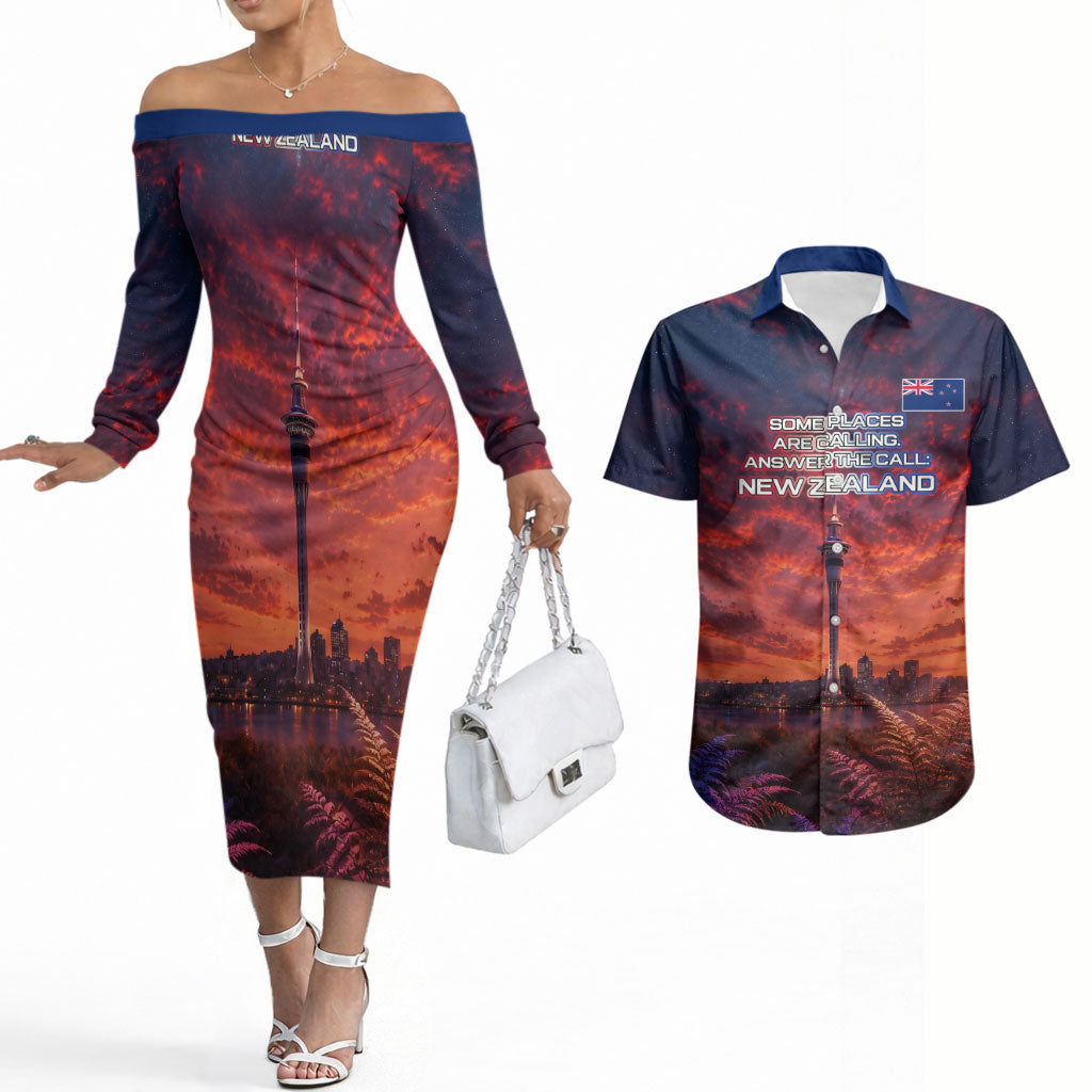 New Zealand Aotearoa Kiwi UFO Couples Matching Off The Shoulder Long Sleeve Dress and Hawaiian Shirt Sci-Fi Galaxy Sunset Sky Tower And Mountain