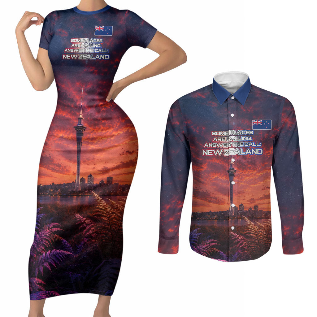 New Zealand Aotearoa Kiwi UFO Couples Matching Short Sleeve Bodycon Dress and Long Sleeve Button Shirt Sci-Fi Galaxy Sunset Sky Tower And Mountain