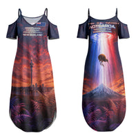 New Zealand Aotearoa Kiwi UFO Couples Matching Summer Maxi Dress and Hawaiian Shirt Sci-Fi Galaxy Sunset Sky Tower And Mountain