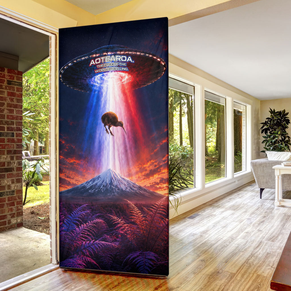 New Zealand Aotearoa Kiwi UFO Door Cover Sci-Fi Galaxy Sunset Sky Tower And Mountain
