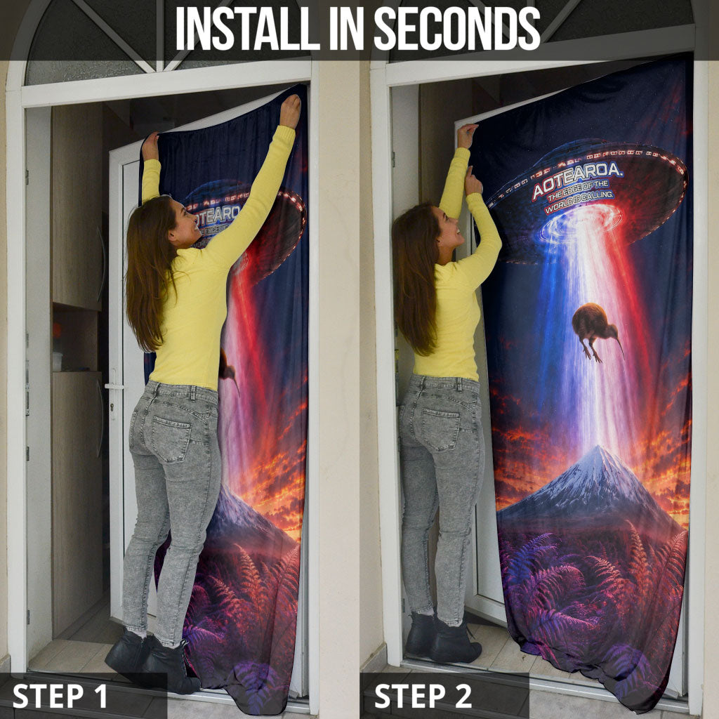 New Zealand Aotearoa Kiwi UFO Door Cover Sci-Fi Galaxy Sunset Sky Tower And Mountain