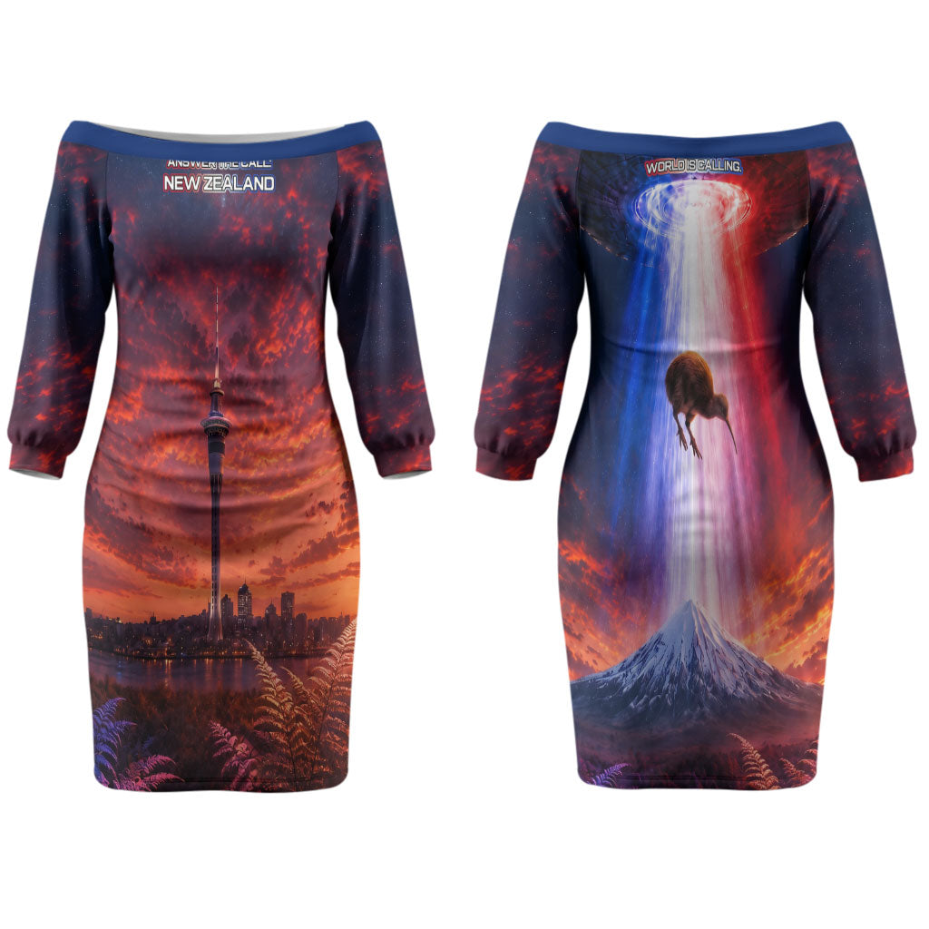 New Zealand Aotearoa Kiwi UFO Family Matching Off The Shoulder Long Sleeve Dress and Hawaiian Shirt Sci-Fi Galaxy Sunset Sky Tower And Mountain