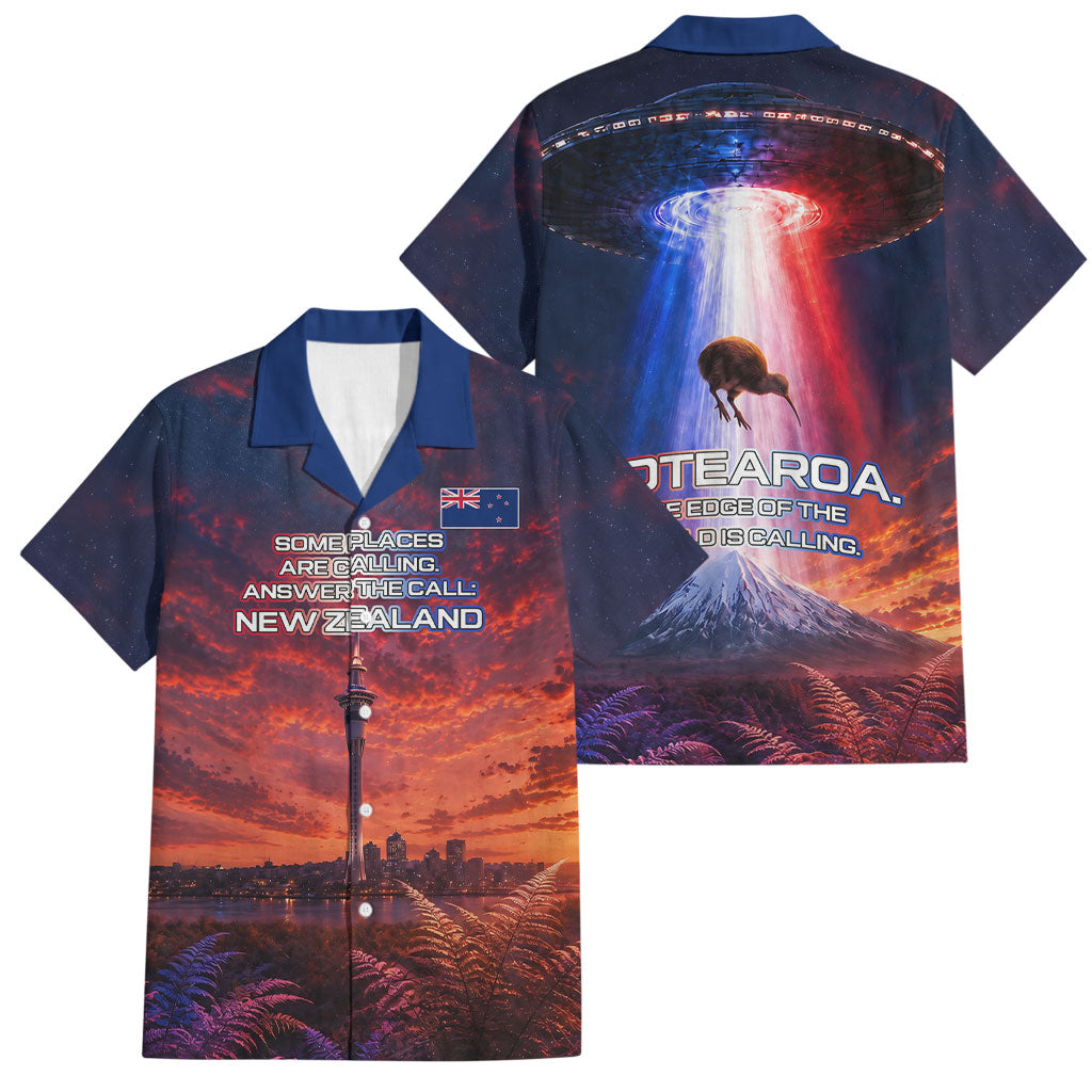 New Zealand Aotearoa Kiwi UFO Family Matching Off The Shoulder Long Sleeve Dress and Hawaiian Shirt Sci-Fi Galaxy Sunset Sky Tower And Mountain
