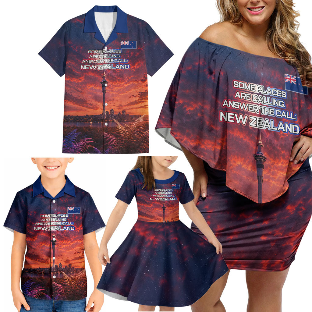 New Zealand Aotearoa Kiwi UFO Family Matching Off Shoulder Short Dress and Hawaiian Shirt Sci-Fi Galaxy Sunset Sky Tower And Mountain