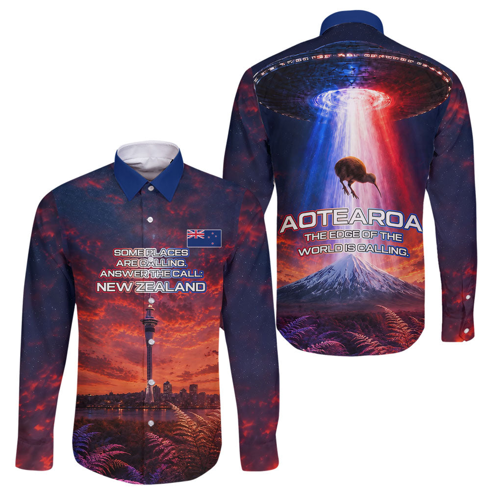 New Zealand Aotearoa Kiwi UFO Family Matching Off Shoulder Short Dress and Hawaiian Shirt Sci-Fi Galaxy Sunset Sky Tower And Mountain