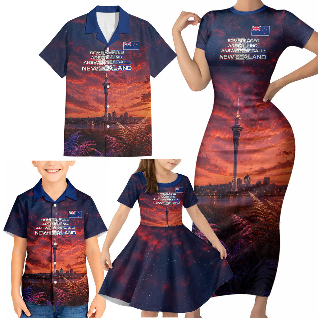 New Zealand Aotearoa Kiwi UFO Family Matching Short Sleeve Bodycon Dress and Hawaiian Shirt Sci-Fi Galaxy Sunset Sky Tower And Mountain