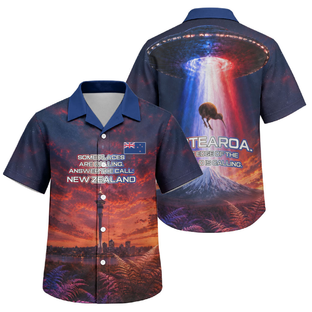 New Zealand Aotearoa Kiwi UFO Family Matching Short Sleeve Bodycon Dress and Hawaiian Shirt Sci-Fi Galaxy Sunset Sky Tower And Mountain