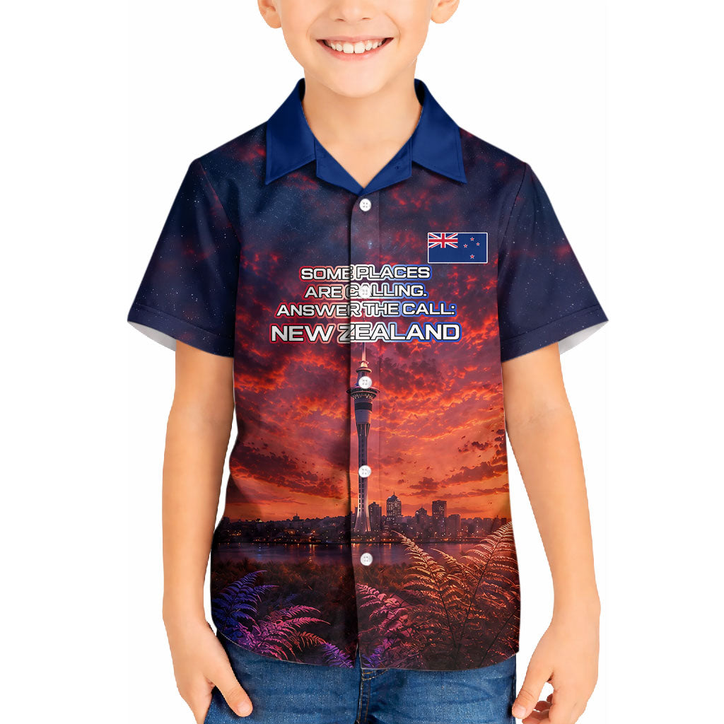 New Zealand Aotearoa Kiwi UFO Kid Hawaiian Shirt Sci-Fi Galaxy Sunset Sky Tower And Mountain