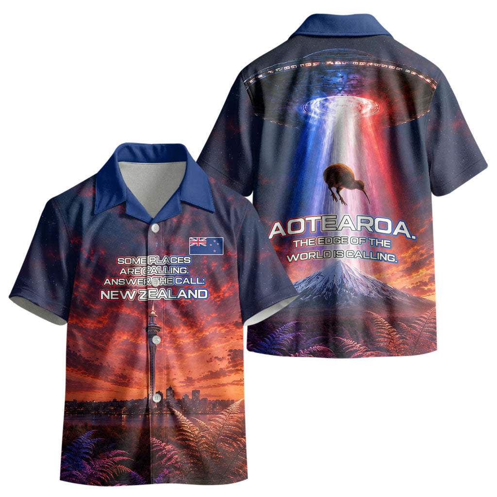 New Zealand Aotearoa Kiwi UFO Kid Hawaiian Shirt Sci-Fi Galaxy Sunset Sky Tower And Mountain