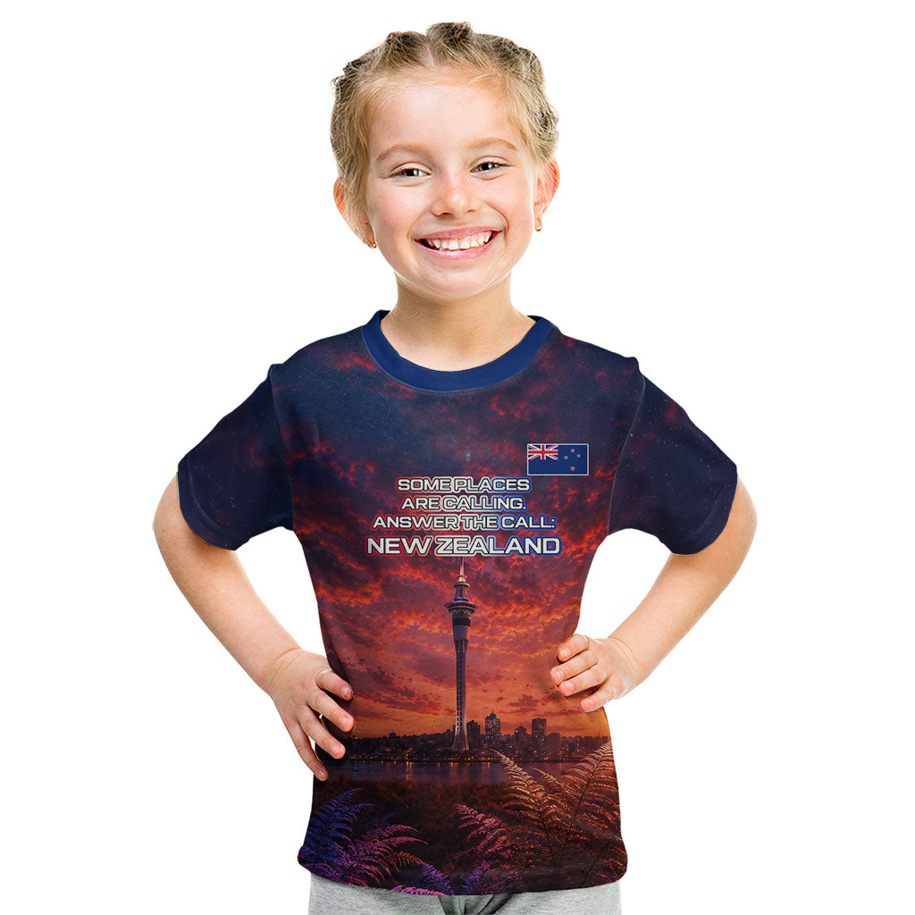 New Zealand Aotearoa Kiwi UFO Kid T Shirt Sci-Fi Galaxy Sunset Sky Tower And Mountain