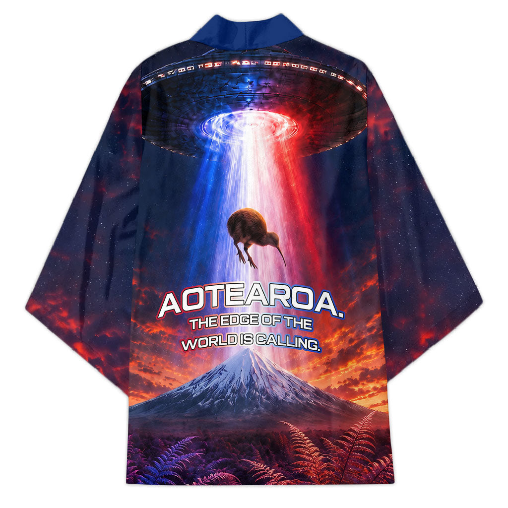 New Zealand Aotearoa Kiwi UFO Kimono Sci-Fi Galaxy Sunset Sky Tower And Mountain