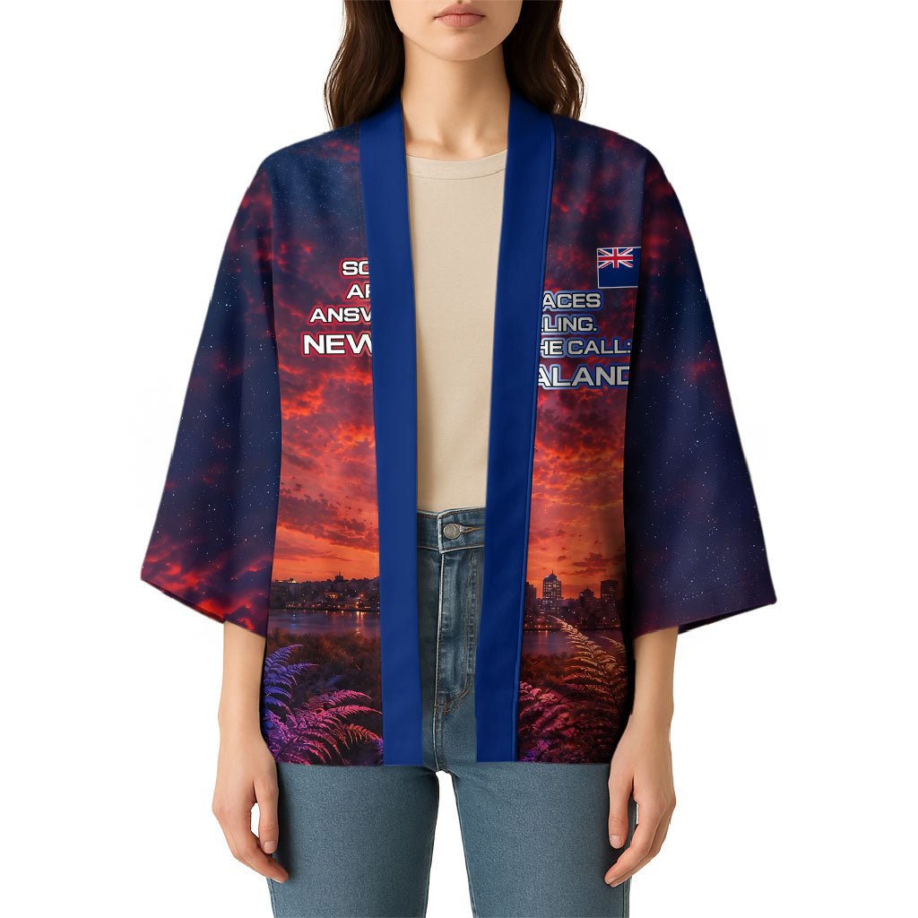 New Zealand Aotearoa Kiwi UFO Kimono Sci-Fi Galaxy Sunset Sky Tower And Mountain