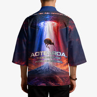 New Zealand Aotearoa Kiwi UFO Kimono Sci-Fi Galaxy Sunset Sky Tower And Mountain