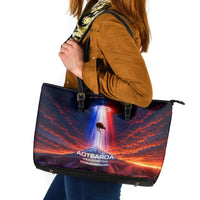New Zealand Aotearoa Kiwi UFO Leather Tote Bag Sci-Fi Galaxy Sunset Sky Tower And Mountain