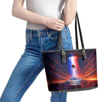 New Zealand Aotearoa Kiwi UFO Leather Tote Bag Sci-Fi Galaxy Sunset Sky Tower And Mountain